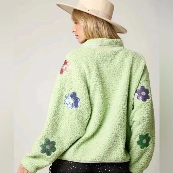 Lime Green Floral Sherpa Jacket - NWOT - Size Medium - Picture 3 of 3